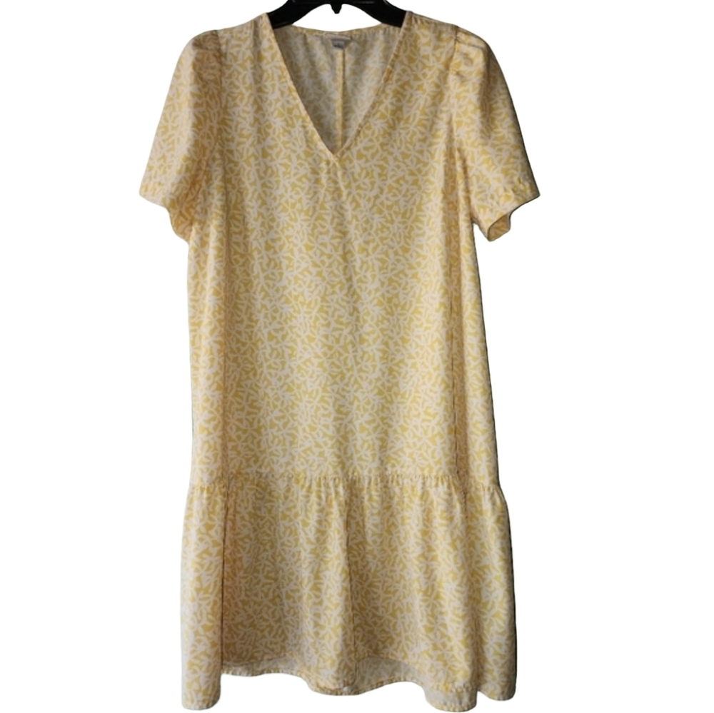 A NEW DAY Yellow Floral Drop Waist Mini Dress S V-Neck Short Sleeve EUC